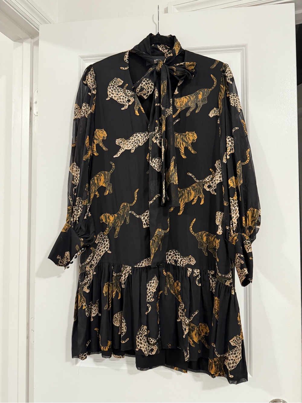 The Kooples Black Leopard & Tiger Print Tie-Neck Long Sleeve Dress